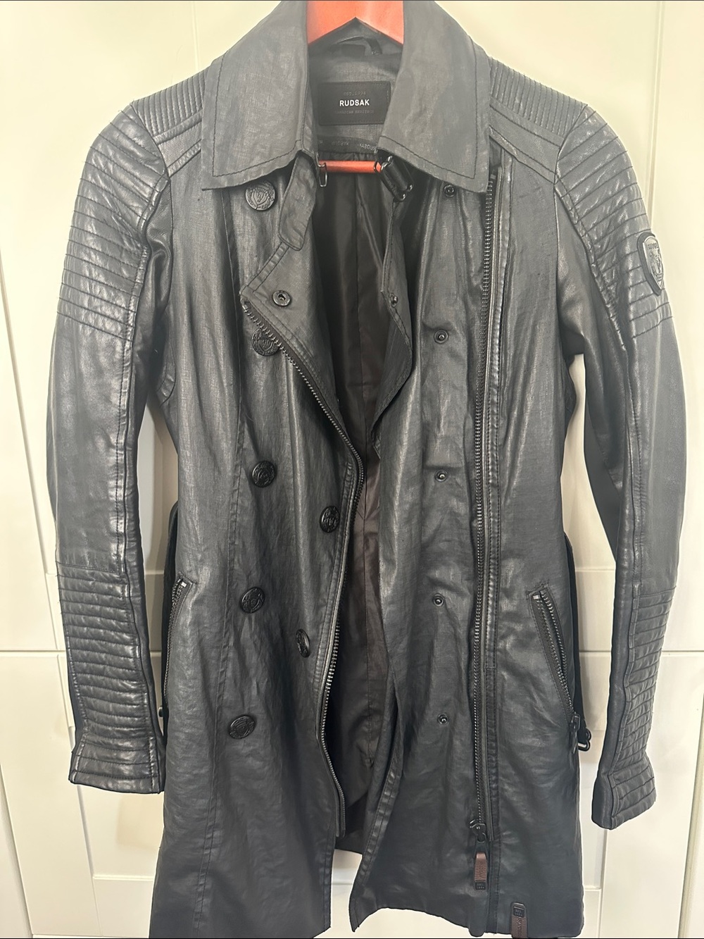 RUDSAK Black Quilted-Sleeve Leather coated linen Trench Coat